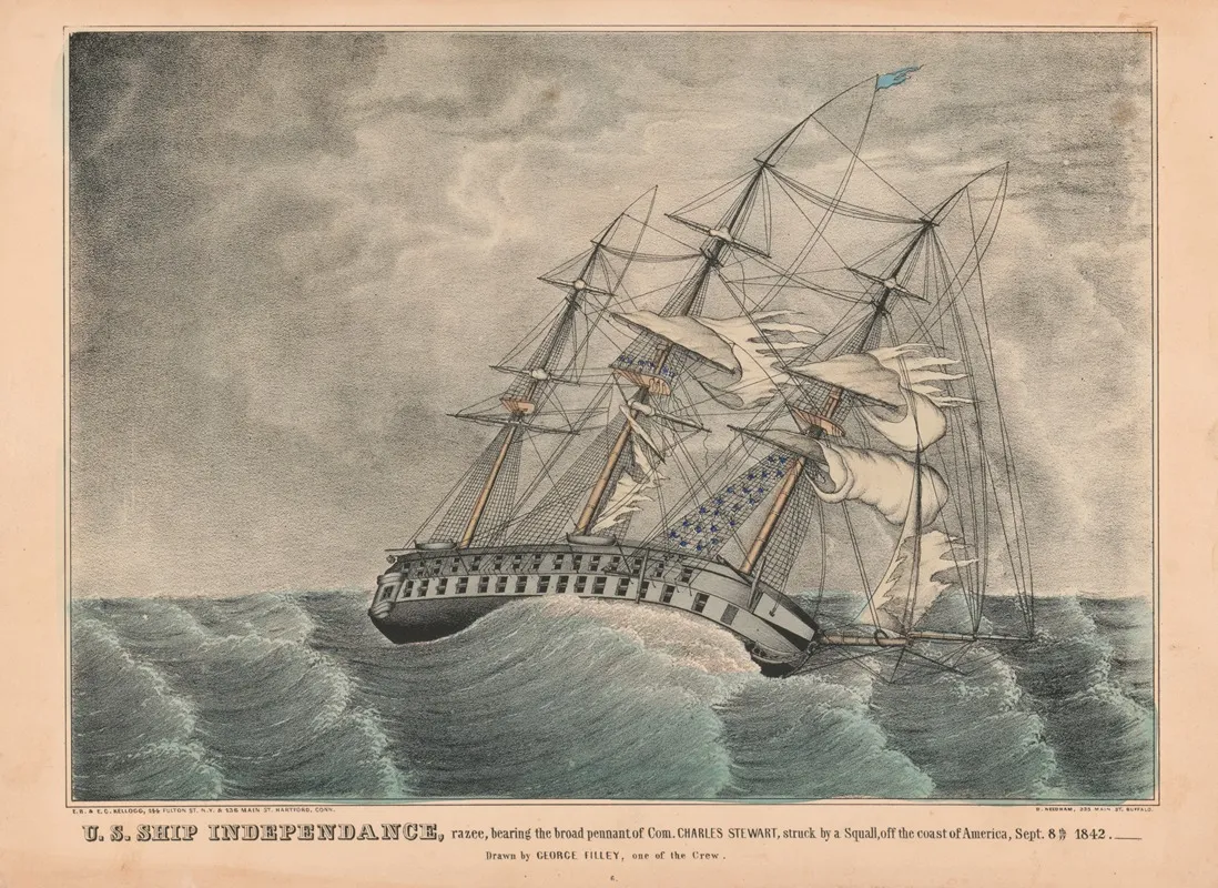 U S Ship Independance Razee Bearing The Broad Pennant Of Com Charles Stewart Struck By A Squall Off The Coast Of America Sept 8th 1842 Wall Art by E.B. &amp; E.C. Kellogg - High-Resolution Digital Print