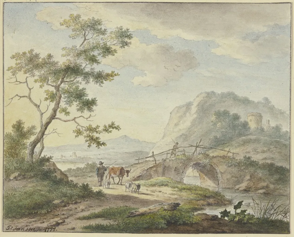 Uber Eine Steinerne Brucke Geht Ein Mann Auf Dem Weg Ein Bauer Mit Einer Kuh Und Schafen Wall Art by Johannes Christiaan Janson - High-Resolution Digital Print