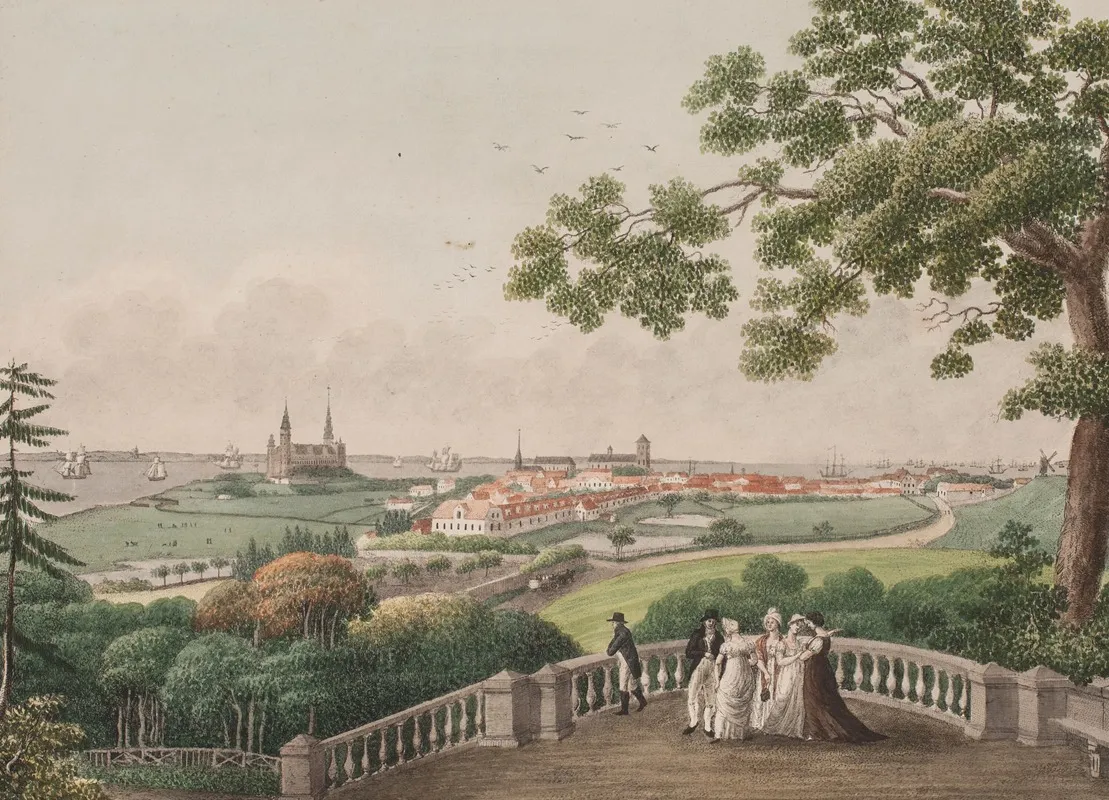 Udsigt Af Helsingor Kronborg Og Oresundet Imellem Kysterne Af Sjaelland Og Skane Tegnet Pa Terrassen I Hangen Ved Marienlyst