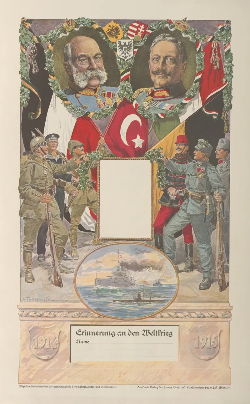 Umkranzte Brustbilder Franz Josephs I Und Wilhelms Ii Darunter Huldigende Soldaten Osterreichs Deutschlands Und Der Turkei Fahnen Und Wappen Dieser Lander Wall Art by Ladislaus Tuszynski - High-Resolution Digital Print
