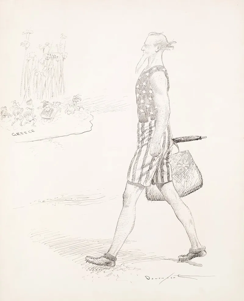 Uncle Sam In A Bathing Suit Walks Along A Beach