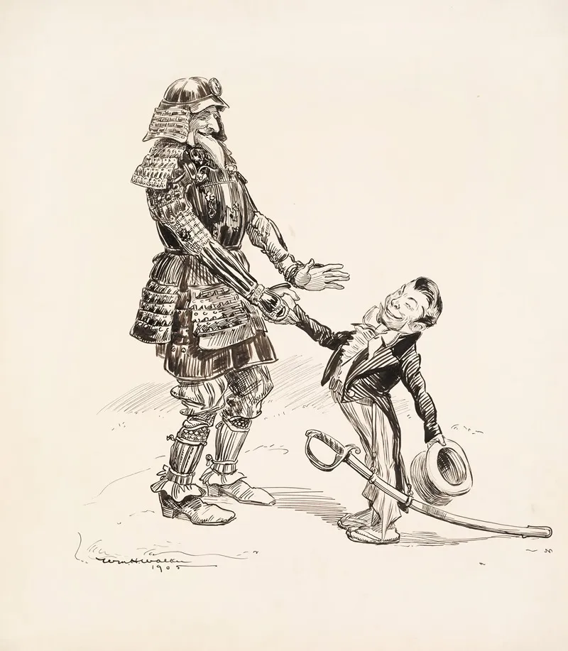 Uncle Sam In Japanese Armor Shakes Hands With A Japanese Man In A Suit And Carrying A Large Sword