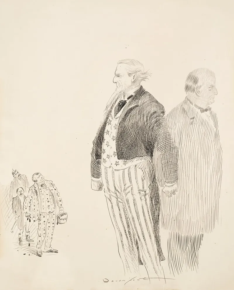 Uncle Sam Stands Guard Between A Gentleman And Three Men Lead By A Man Carrying A Bucket Of Mud And Wearing A Suit Made Of Cards
