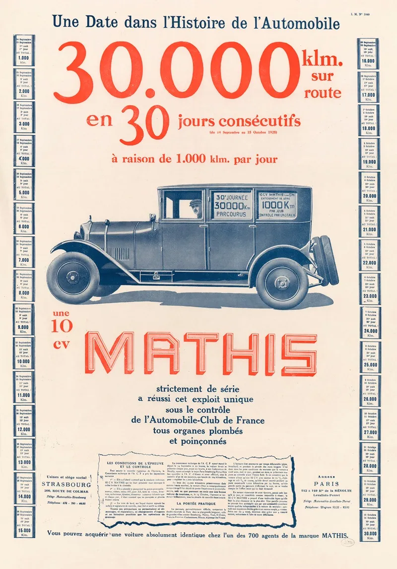 Une 10 Cv Mathis Une Date Dans Lhistoire De Lautomobile 30 000 Km Sur Route En 30 Jours Consecutifs A Raison De 1 000 Km Par Jour