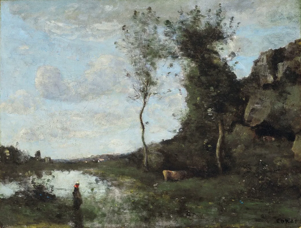 Une Paysanne Et Sa Vache A La Mare En Vue Dun Village