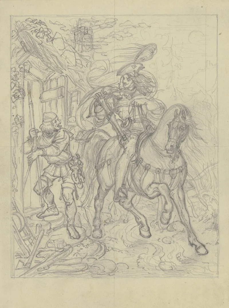 Ungedeutete Szene Ein Ritter Mit Armbrust An Einer Hutte Haltend Ein Knappe Betritt Diese