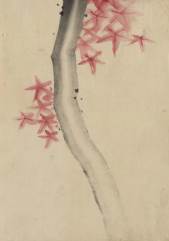 Unidentified Possibly A Tree Branch With Red Star Shaped Leaves Or Blossoms Wall Art by Katsushika Hokusai - High-Resolution Digital Print
