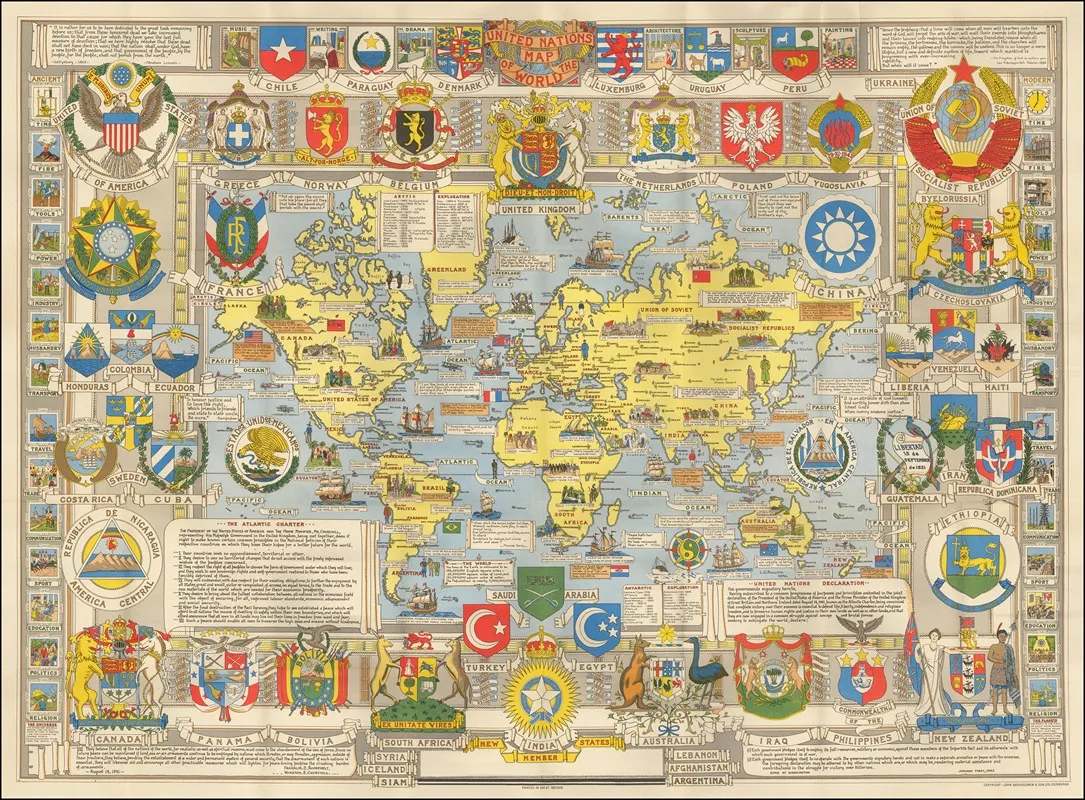 United Nations Map Of The World Wall Art by John Bartholomew &amp; Son Ltd - High-Resolution Digital Print