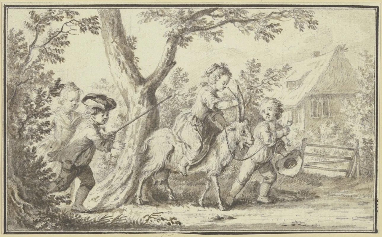 Unter Baumen Vor Einem Haus Lassen Kinder Ein Madchen Auf Einer Ziege Reiten Wall Art by Johann Ulrich Schellenberg - High-Resolution Digital Print
