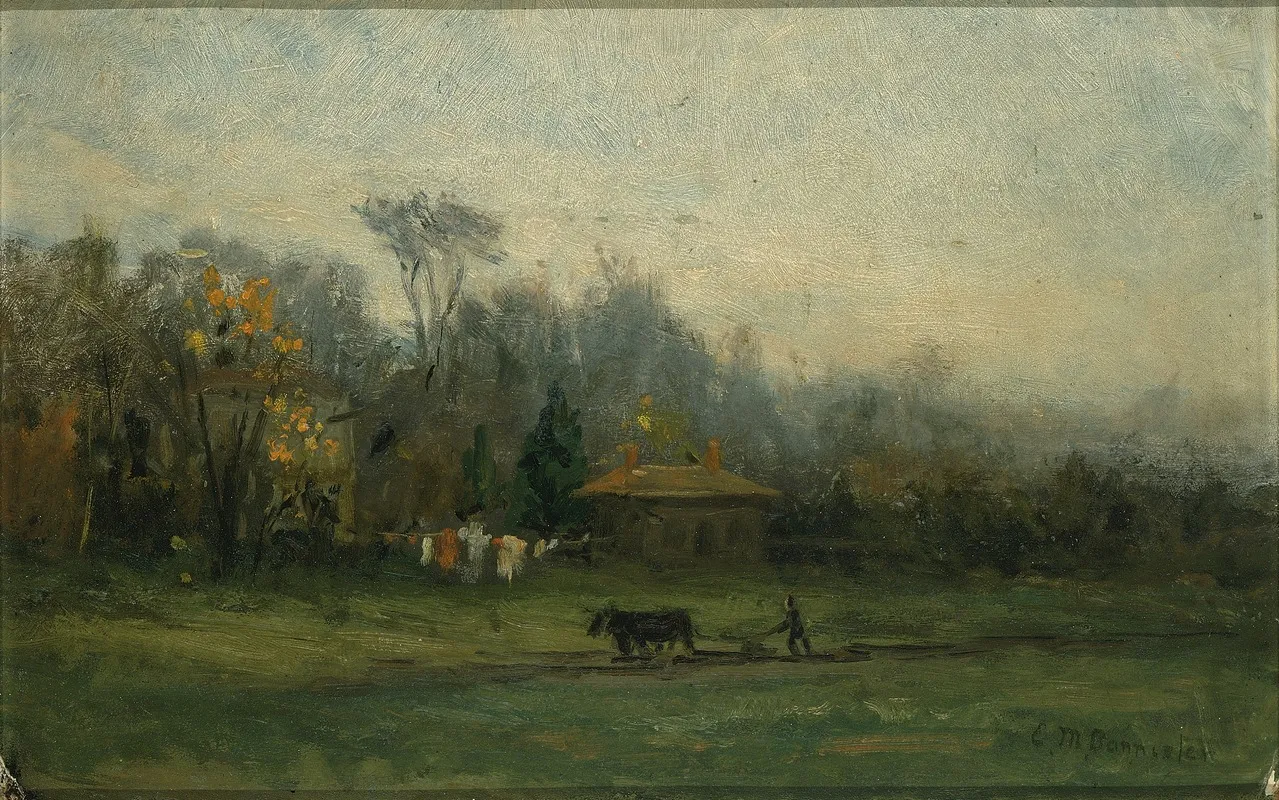 Untitled Landscape With Man Plowing Fields