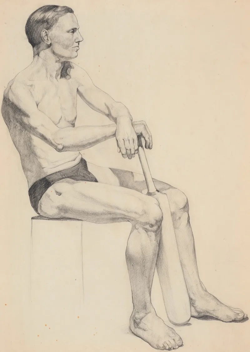 Untitled Man Sitting Holding A Cricket Bat