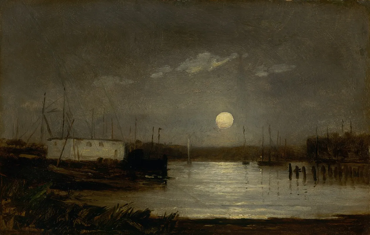 Untitled Moon Over A Harbor Wharf Scene With Full Moon And Masts Of Boats