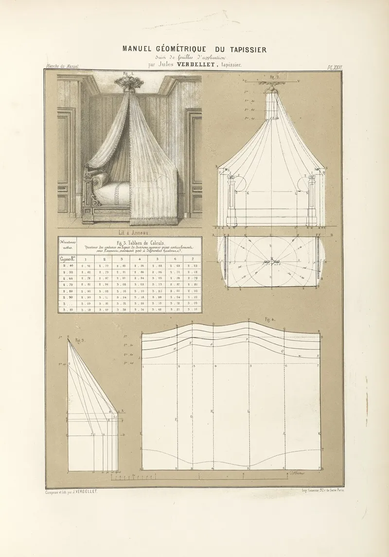 Untitled Plate Featuring Group Of Images Illustrating Drapery For A Bed Lit A Anneau And Its Plans Wall Art by Jules Verdellet - High-Resolution Digital Print