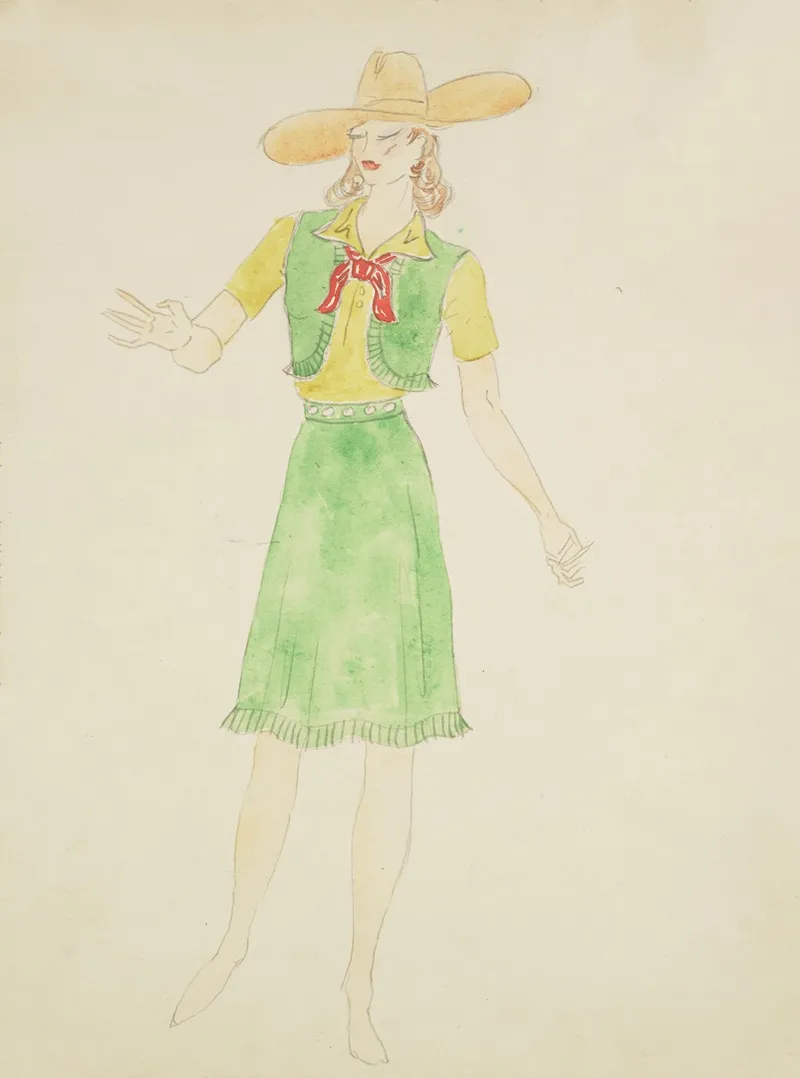 Up We Go Yellow Shirt Green Fringe Vest Green Fringe Skirt Red Tie And Yellow Cowboy Hat Wall Art by Charles Hawkins - High-Resolution Digital Print
