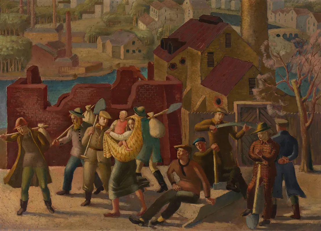 Urban Landscape With Workers Against The Background Of A Building Wall Art by Michał Rouba - High-Resolution Digital Print