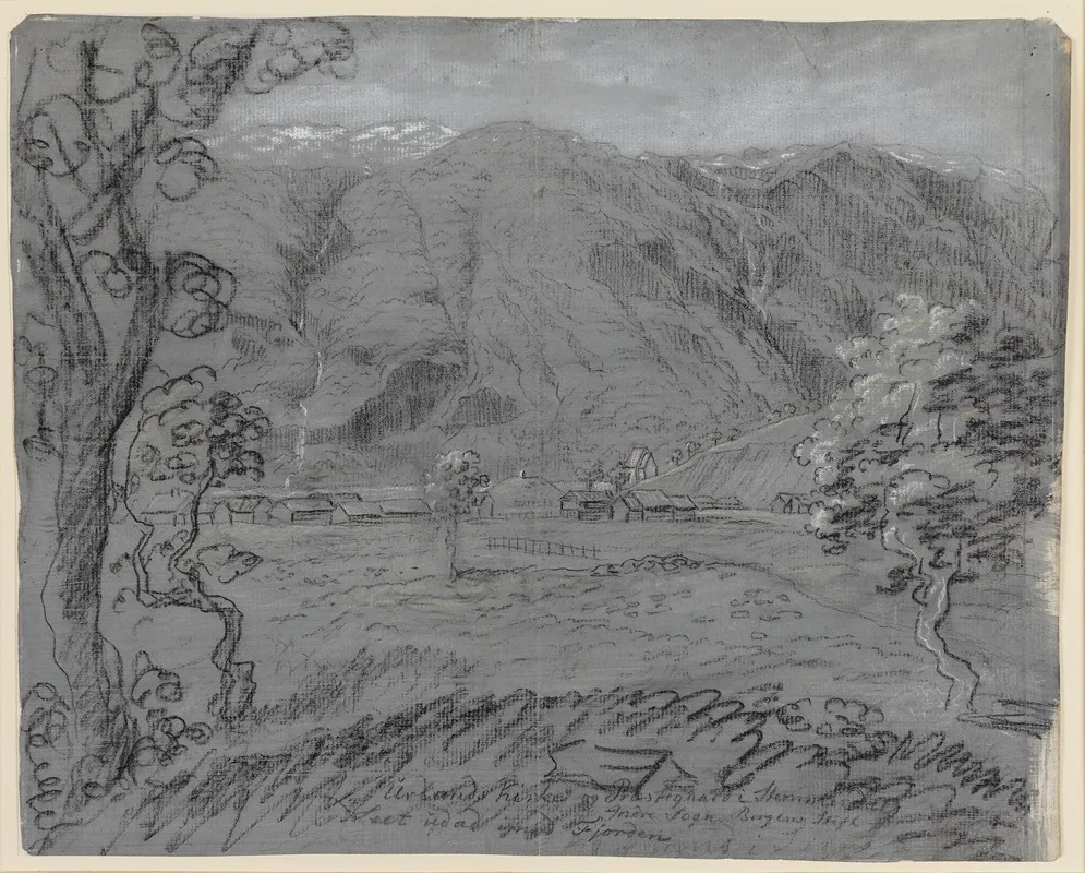 Urland Kirke Og Praestegard I Stemmedal Set Mod Fjorden Wall Art by Johannes Flintoe - High-Resolution Digital Print