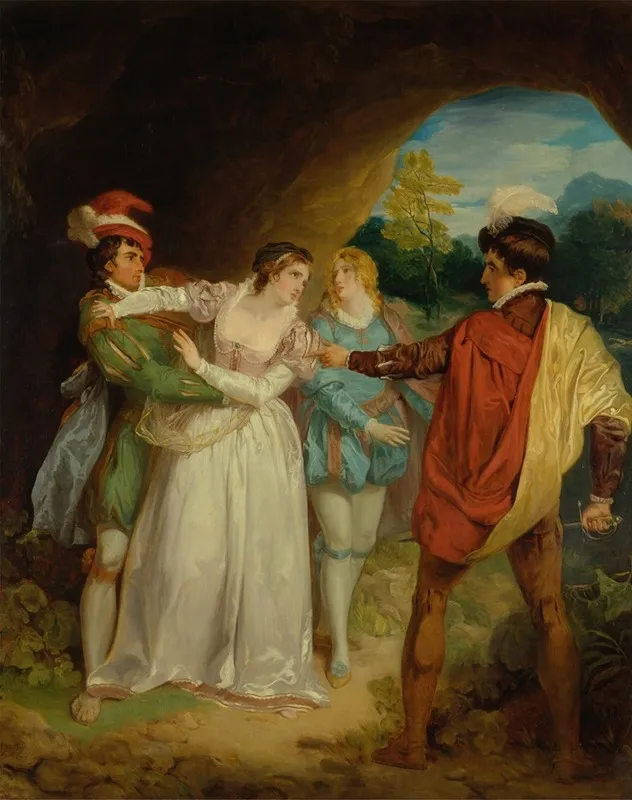 Valentine Rescuing Silvia From Proteus From Shakespeares The Two Gentlemen Of Verona Act V Scene 4 The Outlaws Cave