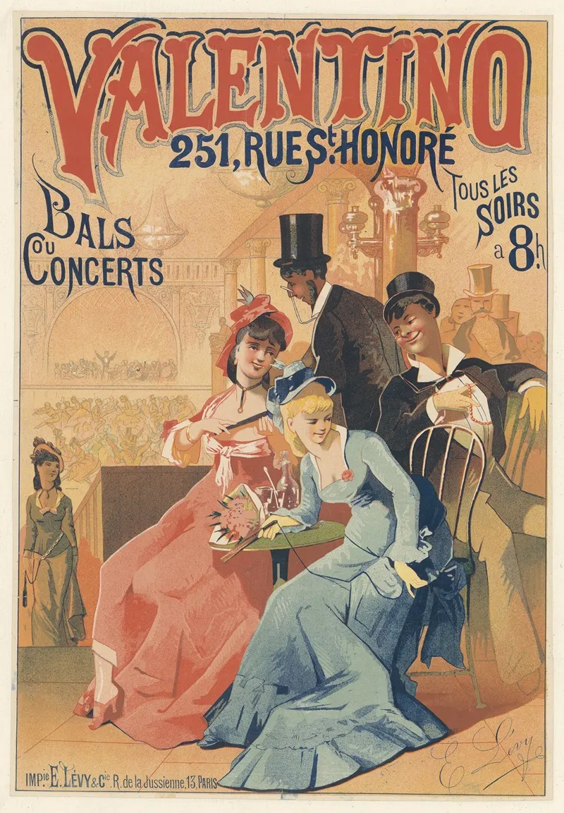 Valentino 251 Rue St Honore Bals Ou Concerts Tous Les Soirs A 8 H Wall Art by Imp. Emile Lévy - High-Resolution Digital Print