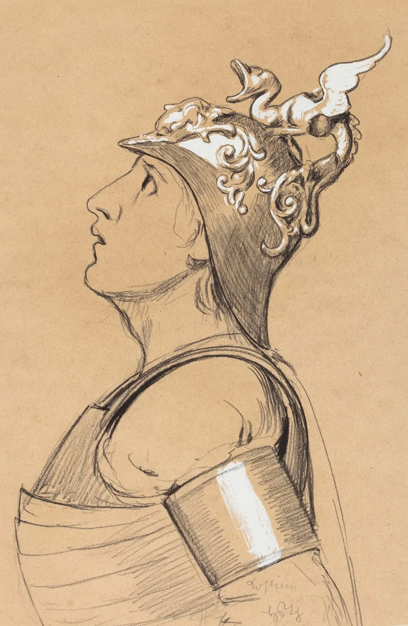 Valkyrie Costume Study For Bayreuth Head With Helmet Wall Art by Hans Thoma - High-Resolution Digital Print
