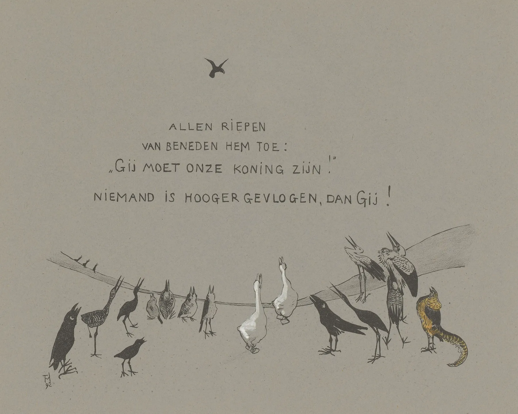 Vanaf De Grond Kijkt Een Groep Vogels Op Naar Een Biddende Arend