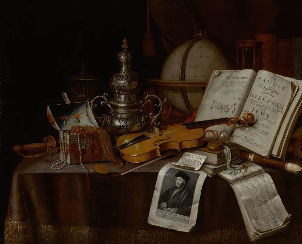 Vanitas Still Life With A Violin Silver Incense Burner Globe Sword Box Of Jewelry And Manuscripts