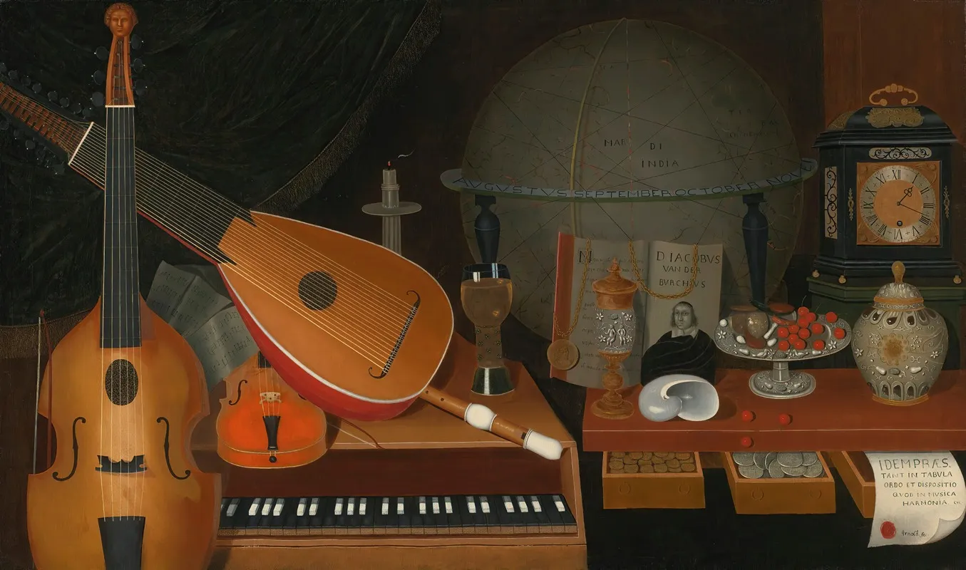 Vanitas Still Life With Musical Instruments A Globe And Other Objects Wall Art by R. Arnold - High-Resolution Digital Print