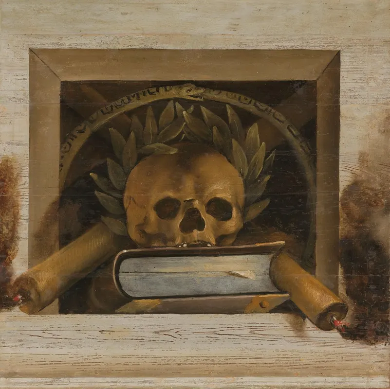 Vanitas Still Life With Scull With Laurel Wreath Book And Two Burning Candles Wall Art by Jacob van Campen - High-Resolution Digital Print