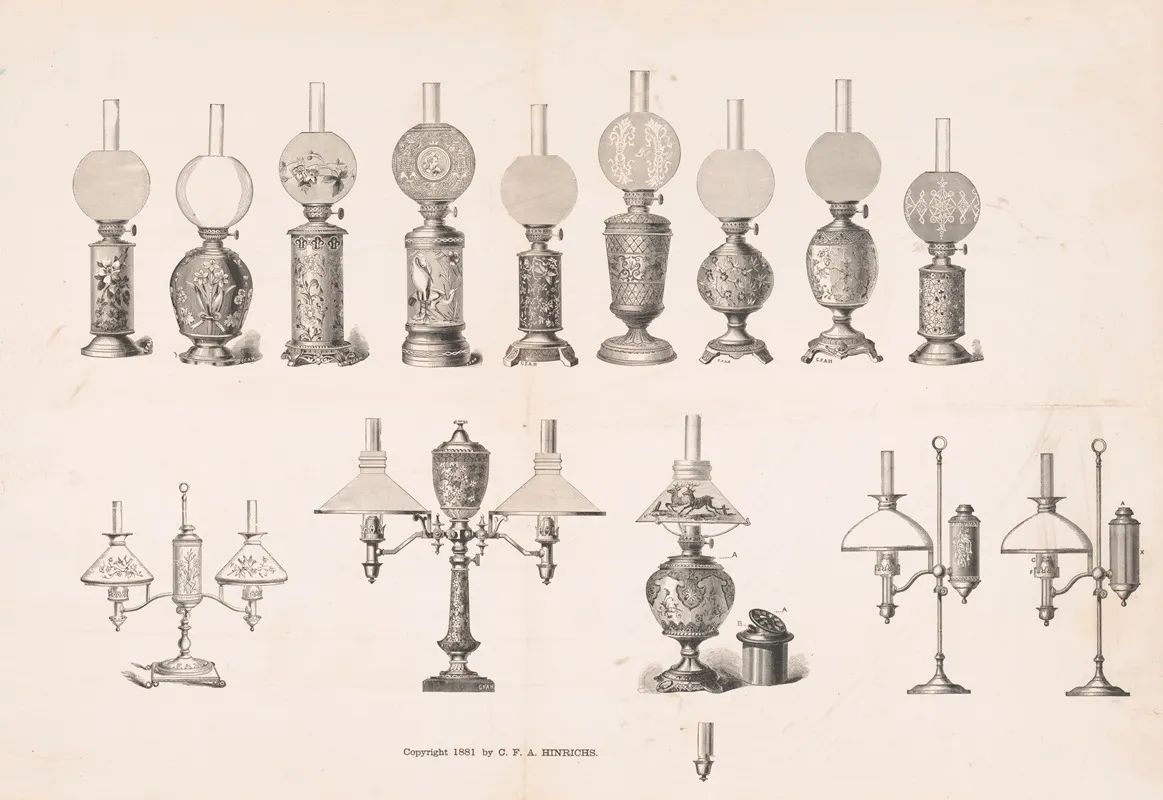 Various Designs Of Student Kerosene And Oil Lamps Wall Art by Charles F. A. Hinrichs - High-Resolution Digital Print