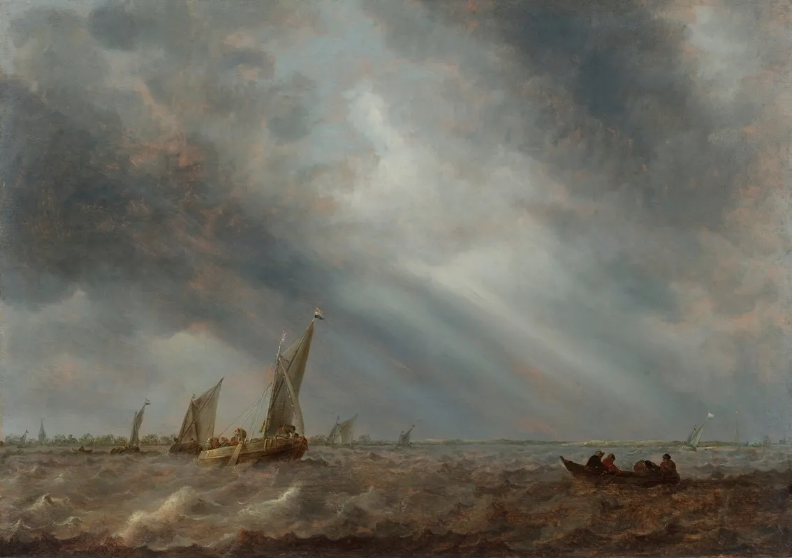 Various Sailing Vessels And A Rowing Boat With Fishermen On Choppy Waters Under A Stormy Sky