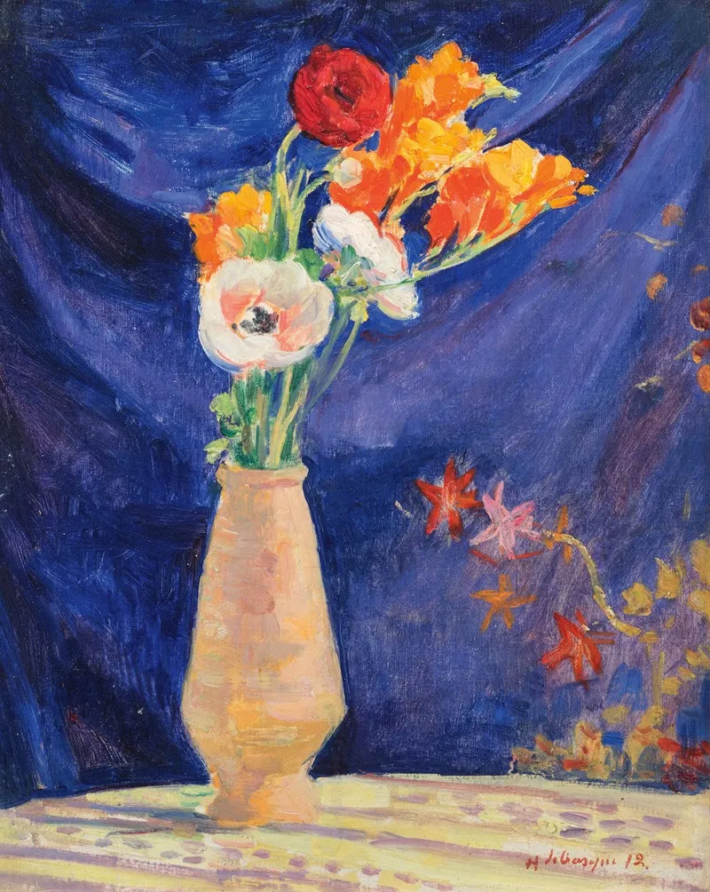 Vase Danemones Sur Fond Bleu 2 Wall Art by Henri Lebasque - High-Resolution Digital Print