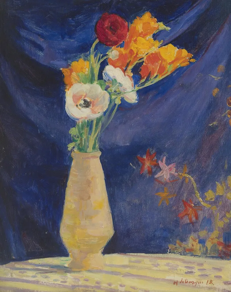 Vase Danemones Sur Fond Bleu Wall Art by Henri Lebasque - High-Resolution Digital Print