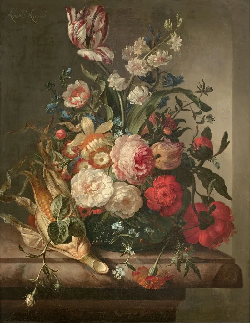 Vase De Fleurs Et Epis De Mais Dans Une Niche Wall Art by Rachel Ruysch - High-Resolution Digital Print