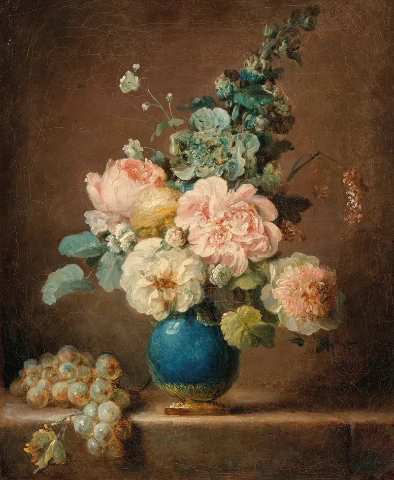 Vase De Fleurs Et Raisins Poses Sur Un Entablement Wall Art by Anne Vallayer-Coster - High-Resolution Digital Print