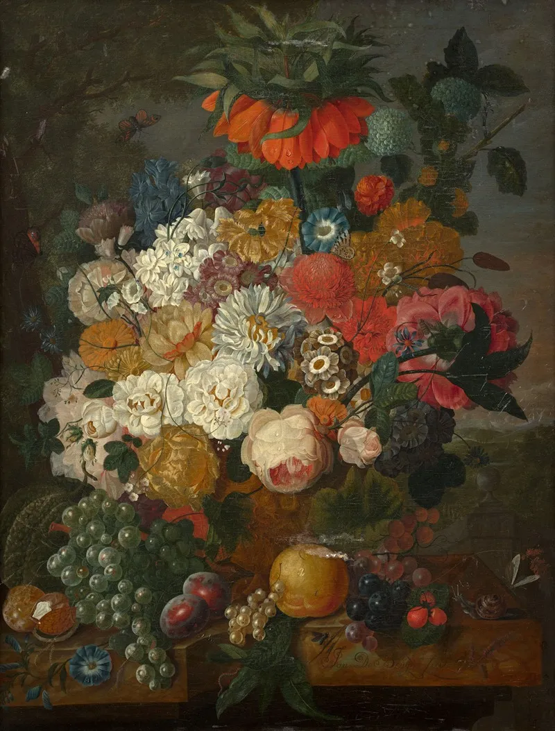 Vase Of Flowers And Fruits On An Entablature Wall Art by Johannes Cornelis De Bruyn - High-Resolution Digital Print