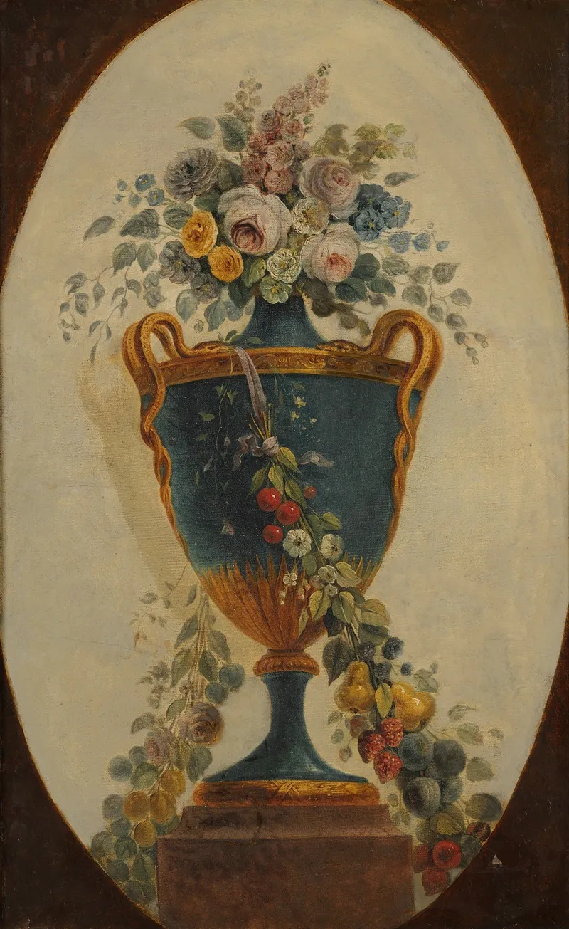 Vase Of Flowers Draped With Garlands