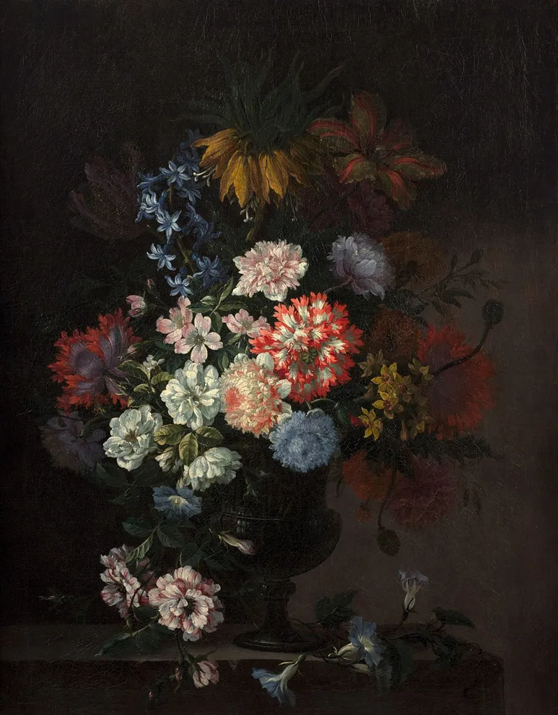Vase Of Flowers On A Stone Entablature Wall Art by Antoine Monnoyer - High-Resolution Digital Print