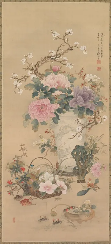 Vase Of Flowers With Grasshopper Marine Life And Garden Rock Wall Art by Okabe Ko - High-Resolution Digital Print
