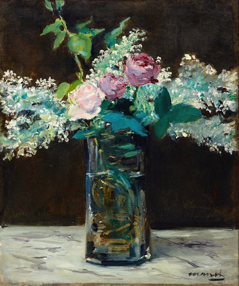 Vase Of White Lilacs And Roses