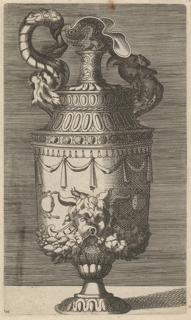 Vase With A Mask Garlands And Two Crabs Wall Art by René Boyvin - High-Resolution Digital Print