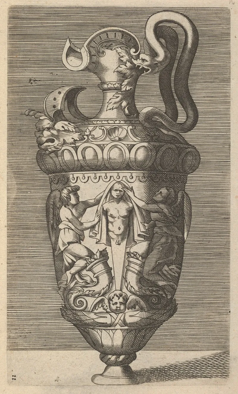 Vase With Two Winged Figures Draping A Term Wall Art by René Boyvin - High-Resolution Digital Print