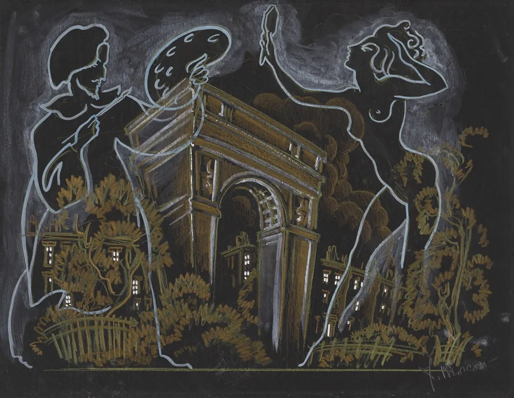 Vaudeville Artist And Nude Model Outlined Over Image Of Washington Square Park Archway Wall Art by James Stewart Morcom - High-Resolution Digital Print