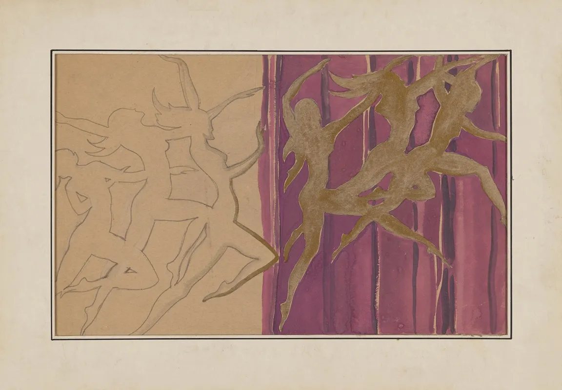 Vaudeville Curtain Gold Silhouettes Of Nudes Over Plum Curtains Wall Art by James Stewart Morcom - High-Resolution Digital Print