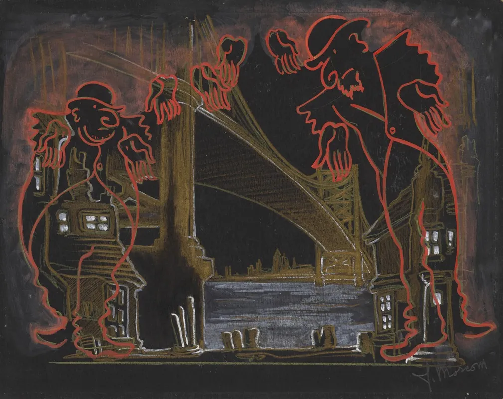 Vaudeville Tramps And Disembodied Hands Over Bridge And Hudson River Wall Art by James Stewart Morcom - High-Resolution Digital Print
