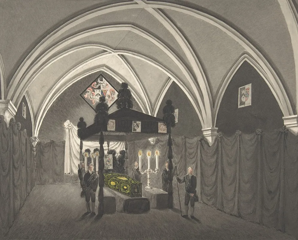 Vaulted Interior With Catalfalque Coffin And Attendants Wall Art by Robert Mackreth - High-Resolution Digital Print