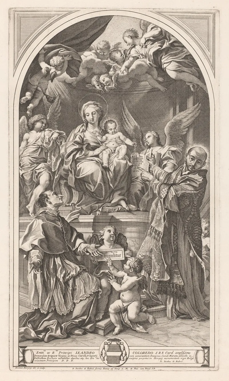 Veneration Of Mary And Child By Carolus Borromeus And Ignatius Of Loyola Wall Art by Nicolas Dorigny - High-Resolution Digital Print