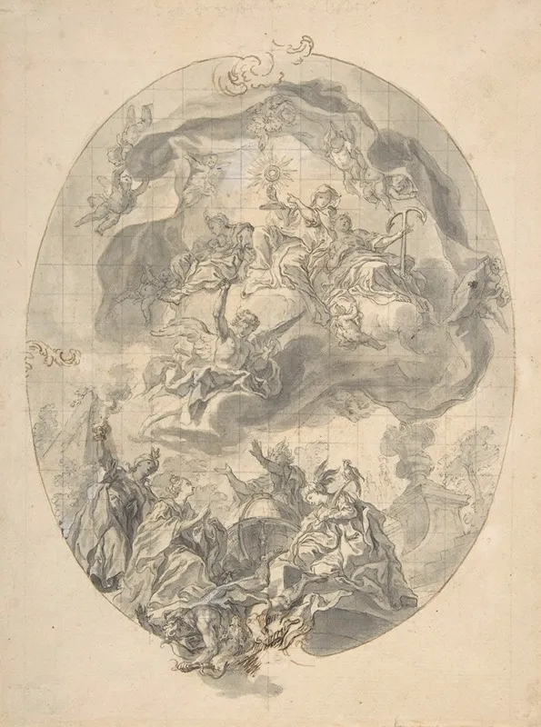Veneration Of The Eucharist By The Peoples Of The World Allegories Of The Four Continents Wall Art by Gottfried Bernhard Goetz - High-Resolution Digital Print