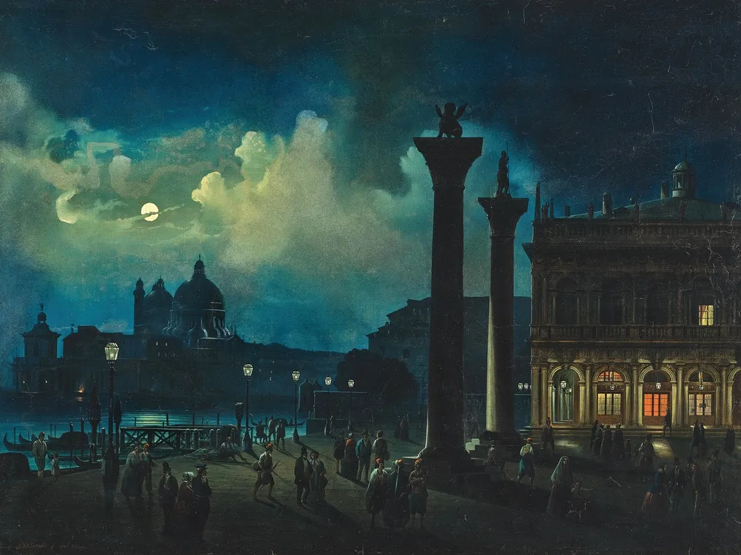 Venice A View Of Santa Maria Salute In Moonlight Wall Art by Luigi Bartezago - High-Resolution Digital Print
