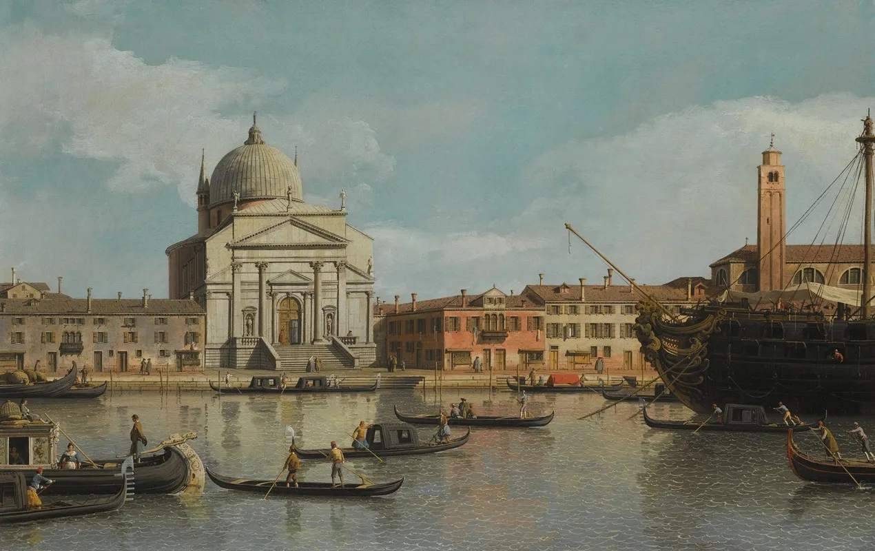 Venice A View Of The Churches Of The Redentore And San Giacomo With A Moored Man Of War Gondolas And Barges Wall Art by Canaletto - High-Resolution Digital Print