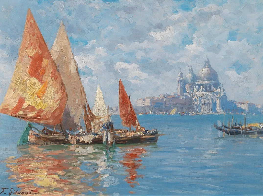 Venice Fishing Boats Before Santa Maria Della Salute Wall Art by Ferdinando Silvani - High-Resolution Digital Print