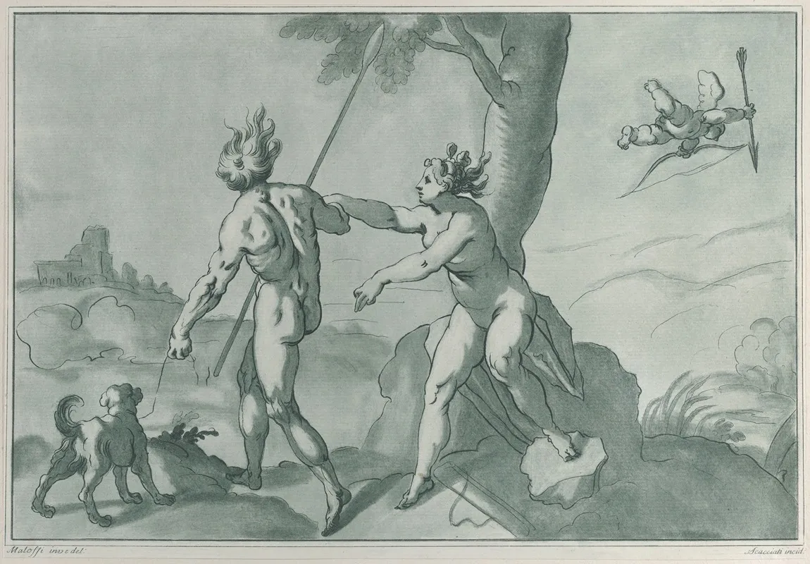 Venus And Adonis Nude In A Landscape With A Dog At Left And Cupid At Upper Right
